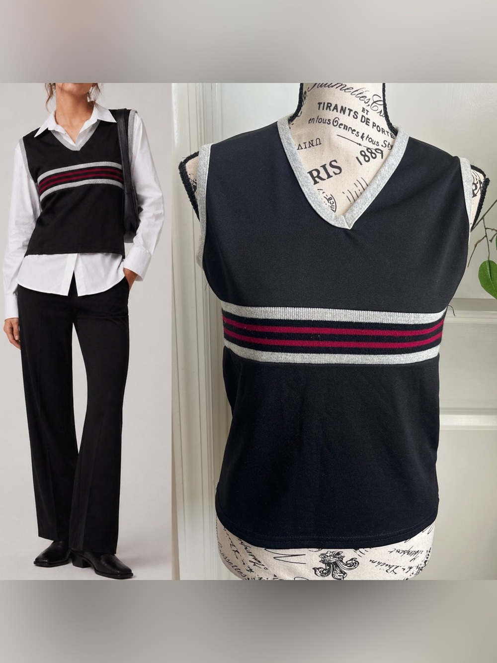 Freedom Fashion 90s Vintage Stripe  Sleeveless Vest Black Sz S